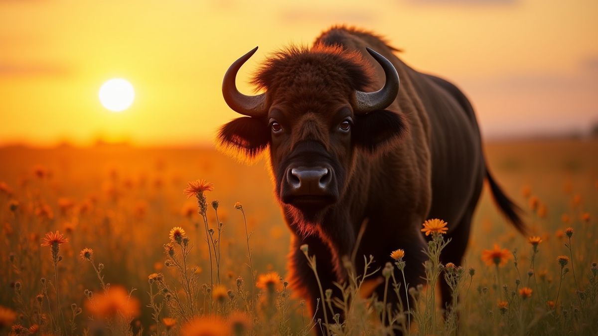 Büffel umgeben von Gras und Wildblumen bei Sonnenuntergang.