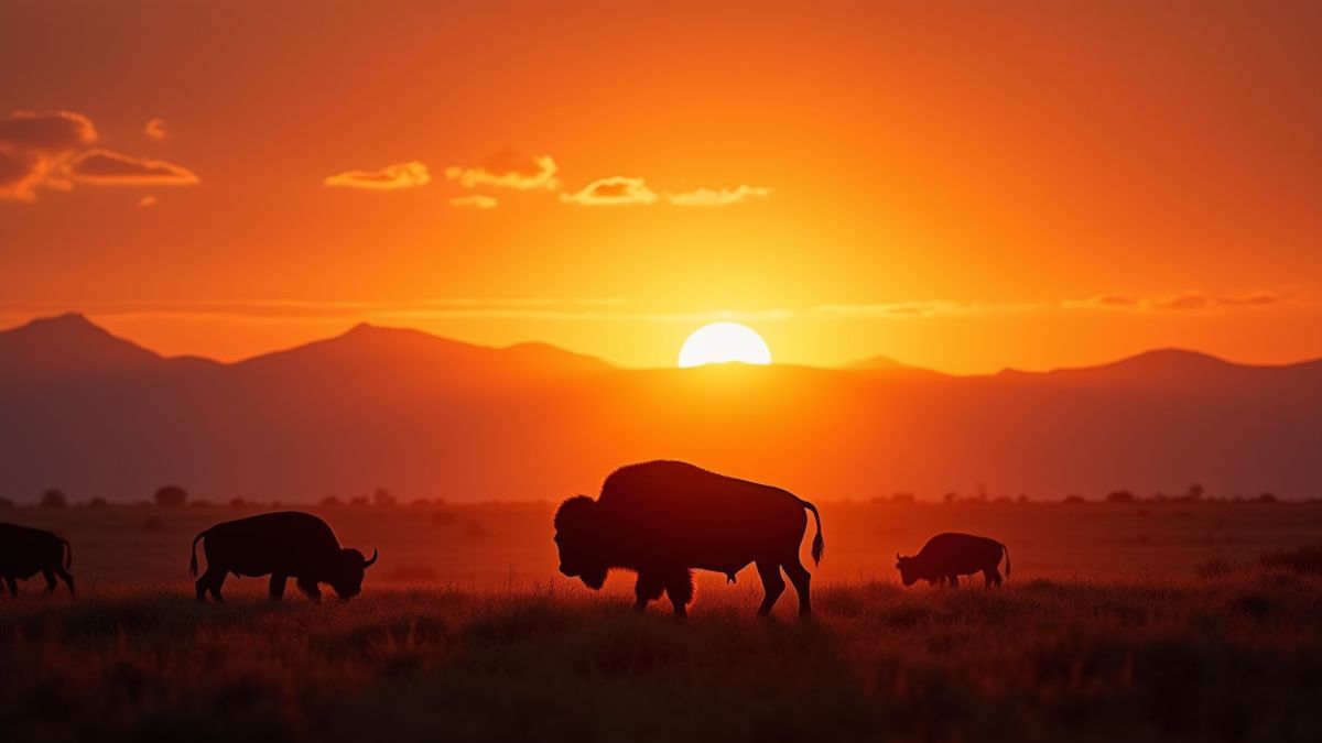 Sunset in the American plains with silhouettes of buffalo and mountains.