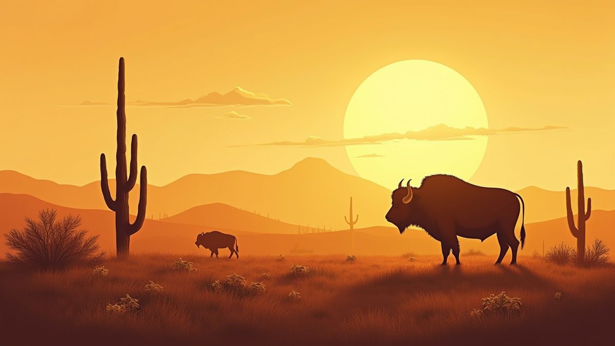 Artistic drawing of the American plains with buffalo and cacti under a golden sky.