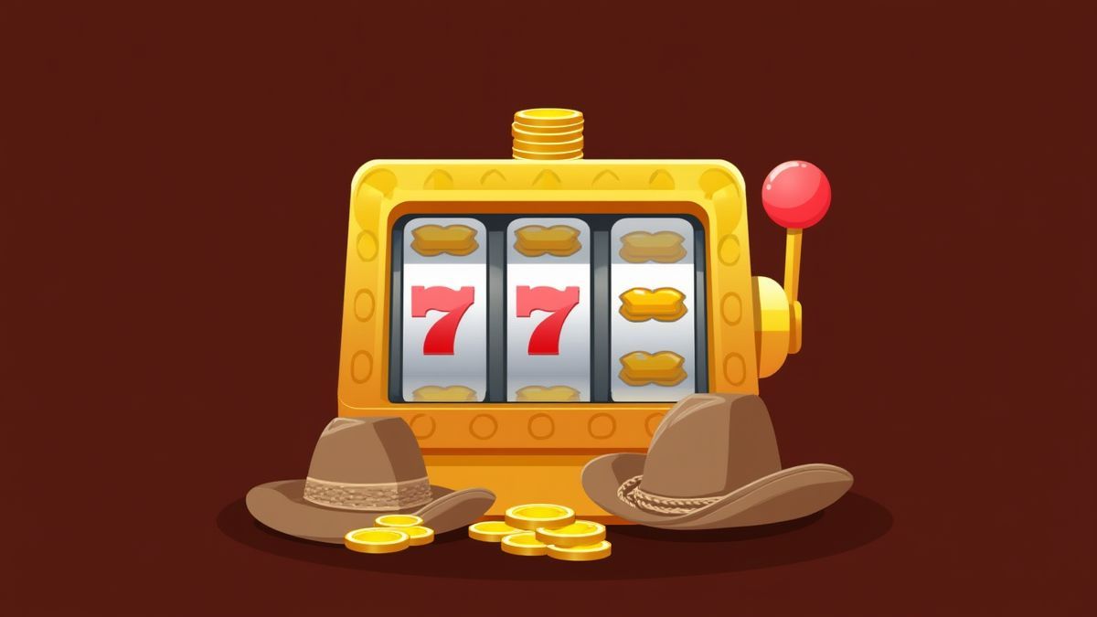 Stylized image of a slot machine with gold coins and a cowboy hat nearby.