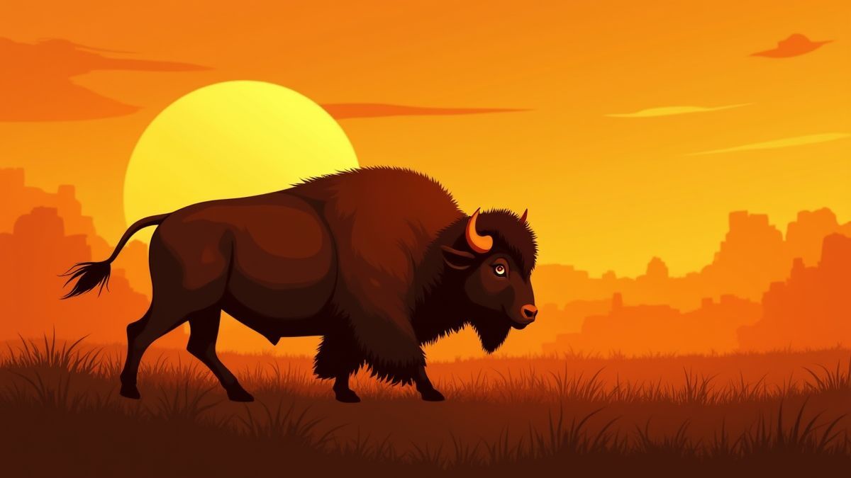 Een buffel die door de prairie wandelt onder een gouden zonsondergang.