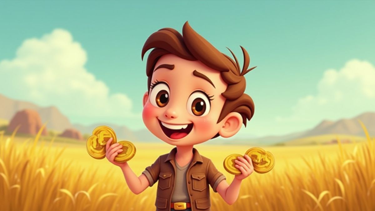Een blije speler die munten vasthoudt tegen een achtergrond van prairie.
