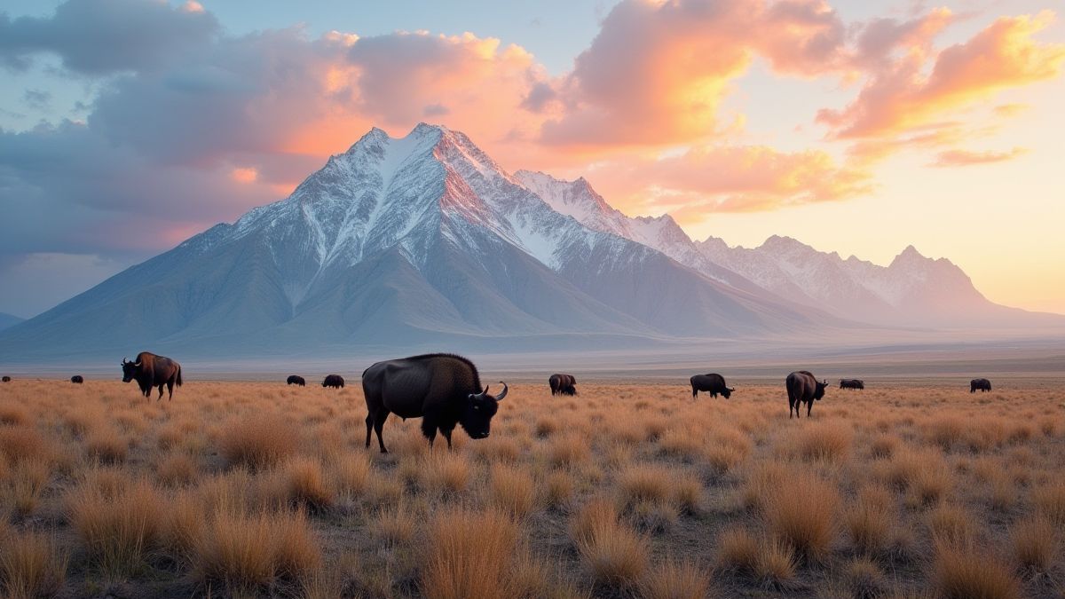 Paysage montagneux avec des bisons paissant sous un ciel coloré.