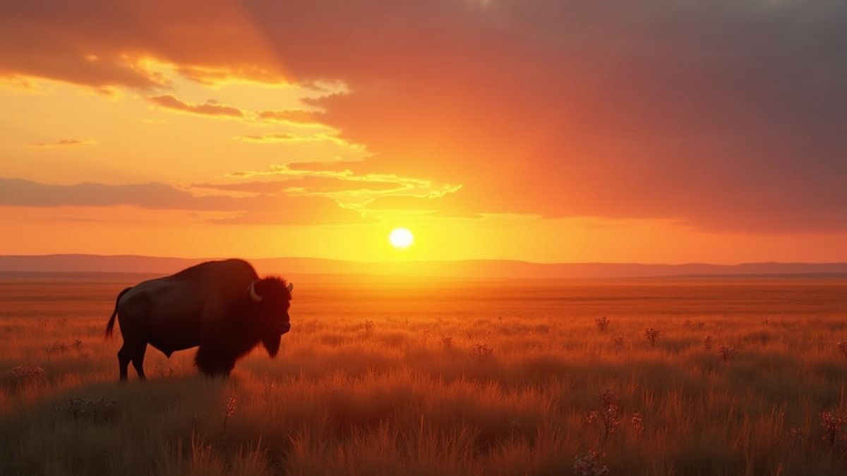 Buffalo in a prairie at sunset