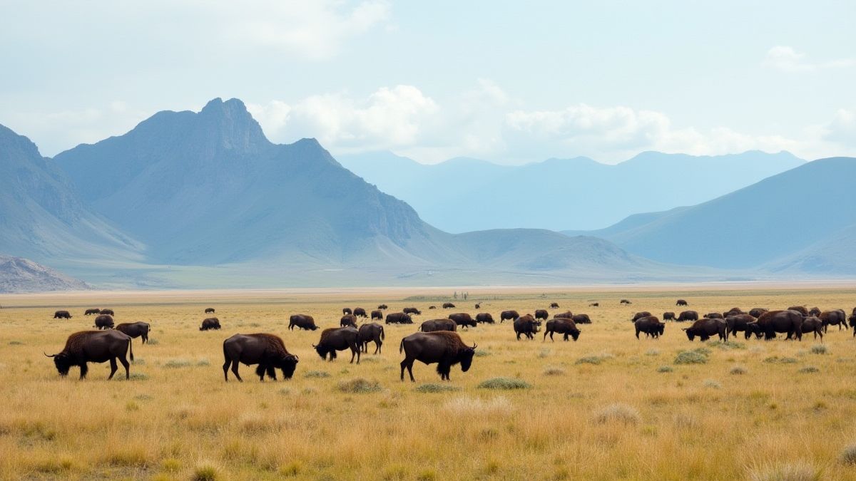 Paisaje de pradera con montañas y búfalos pastando.