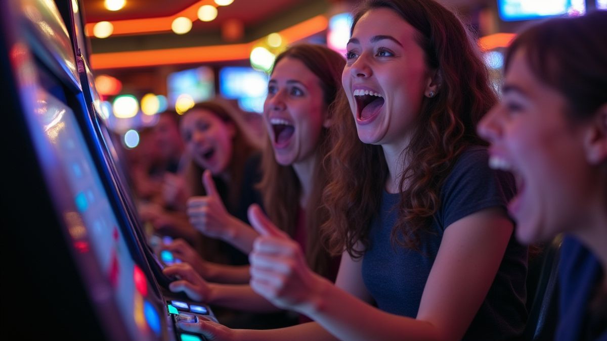 Jugadores emocionados alrededor de una máquina tragamonedas.