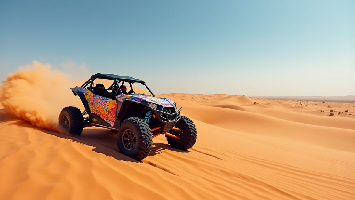 Un buggy coloré dans les dunes du désert.