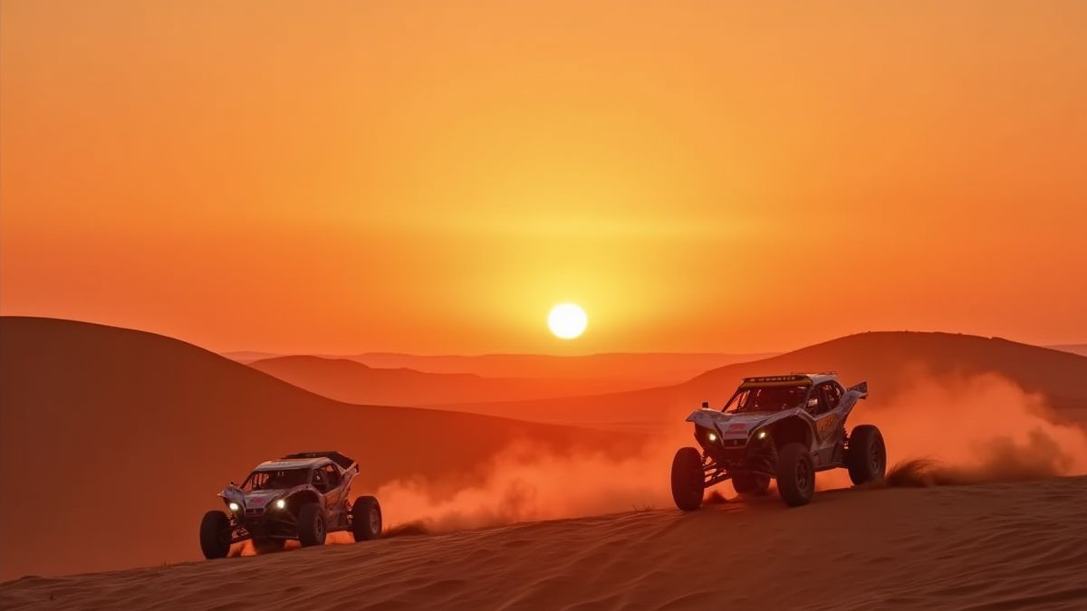Atardecer en el desierto con buggies de carreras.
