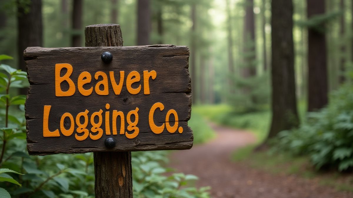 Cartel de madeira em um bosque com o texto 'Beaver Logging Co.'