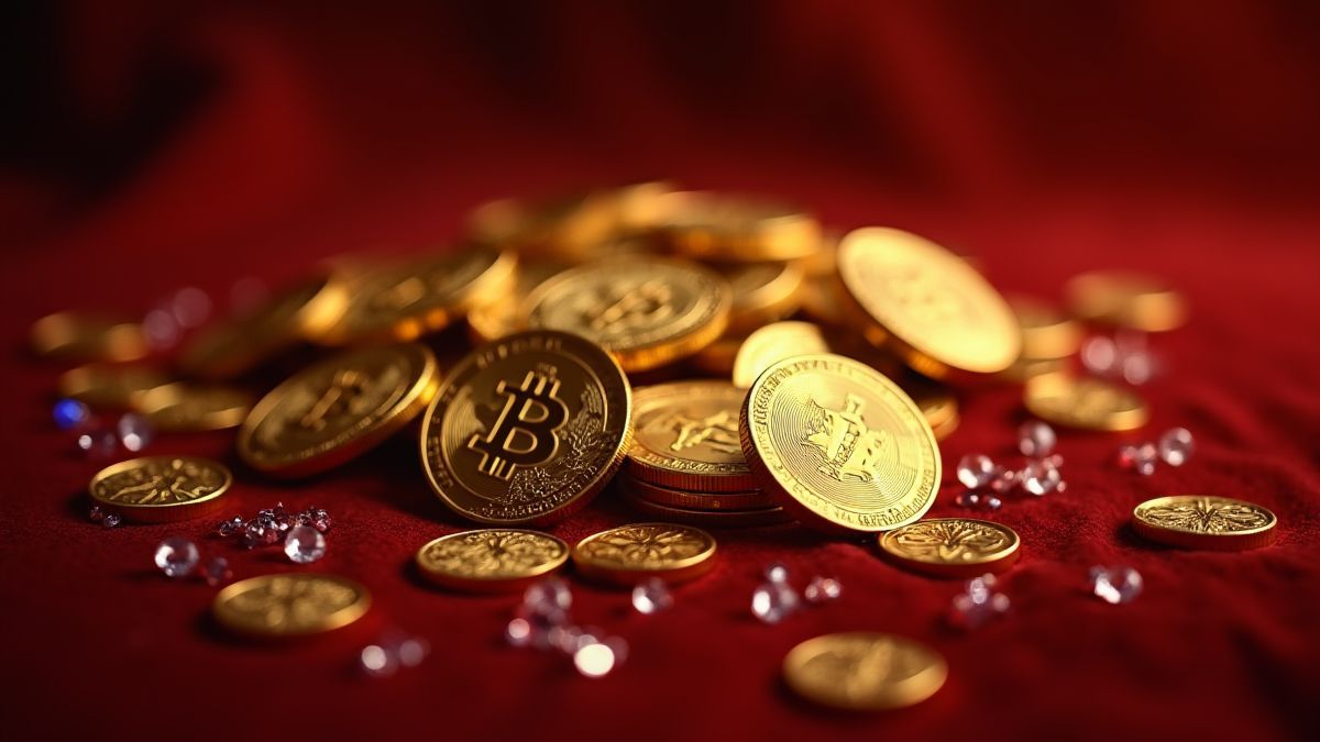 Monedas de oro sobre una mesa de terciopelo con gemas brillantes.