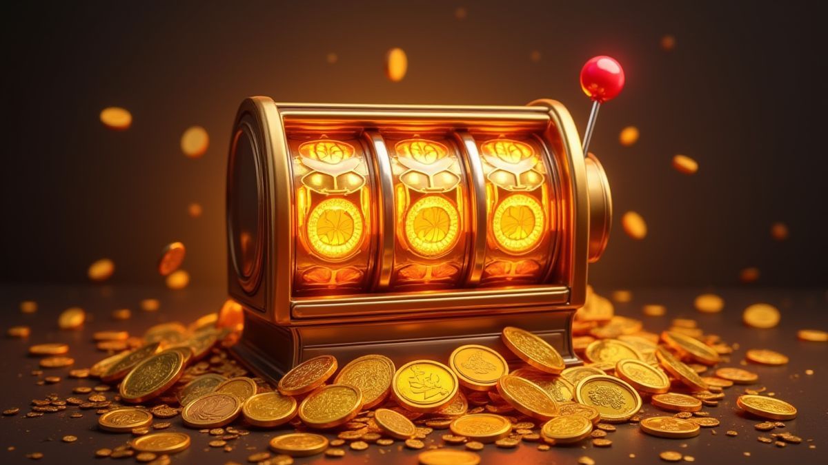 Una máquina tragamonedas iluminada rodeada de monedas de oro y barras de plata.