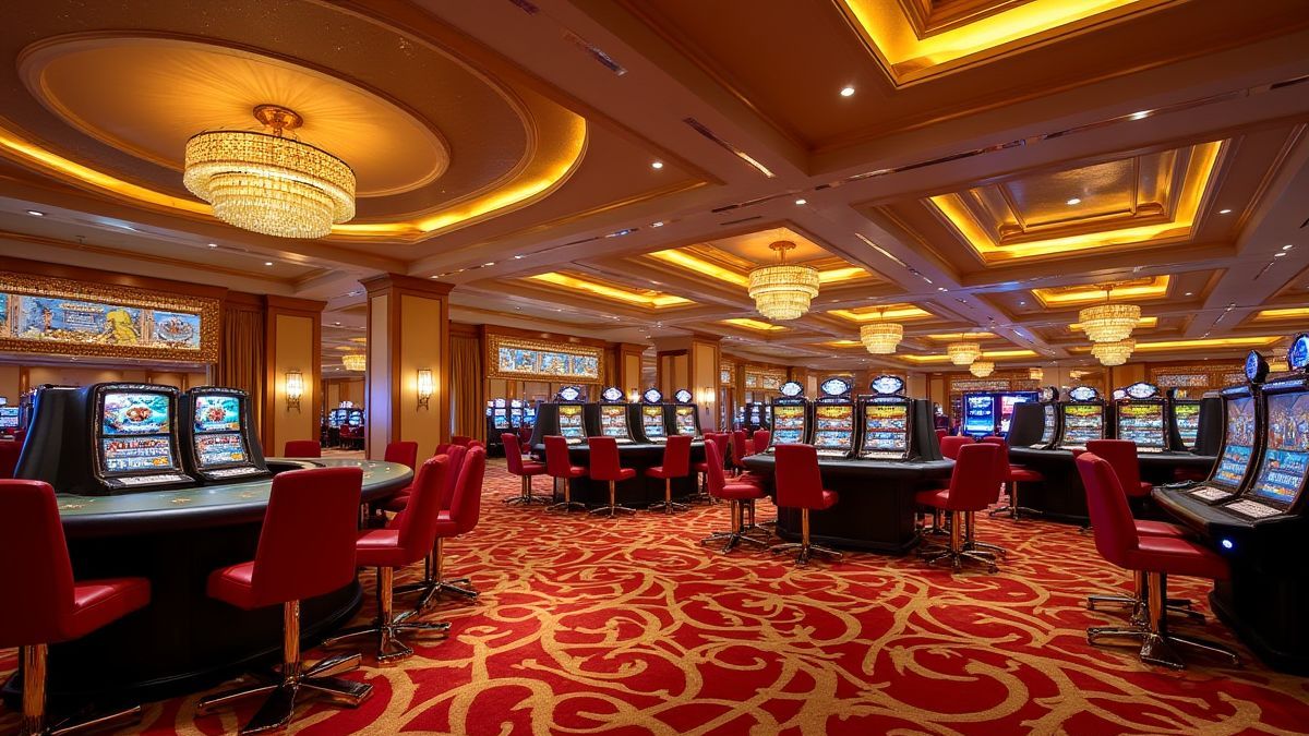 Interior de un casino elegante con detalles dorados.