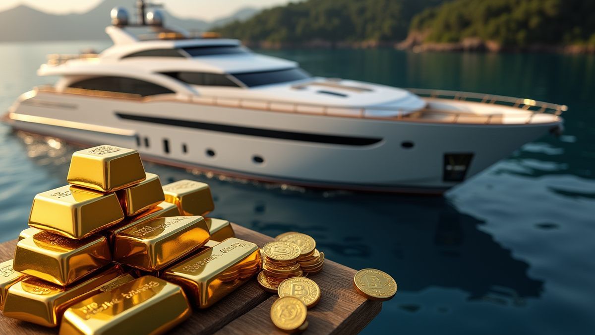 Um iate de luxo e lingotes de ouro em um ambiente financeiro.