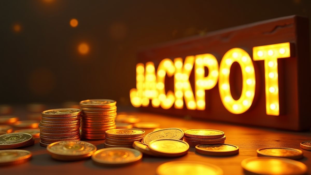 Uma pilha de moedas de ouro e um letreiro de jackpot brilhante.