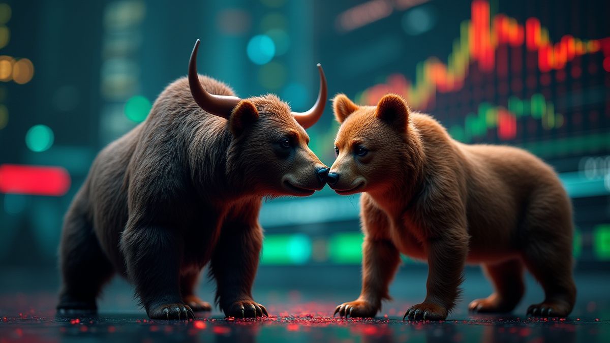 Um touro e um urso em um cenário de bolsa rodeados de gráficos financeiros.
