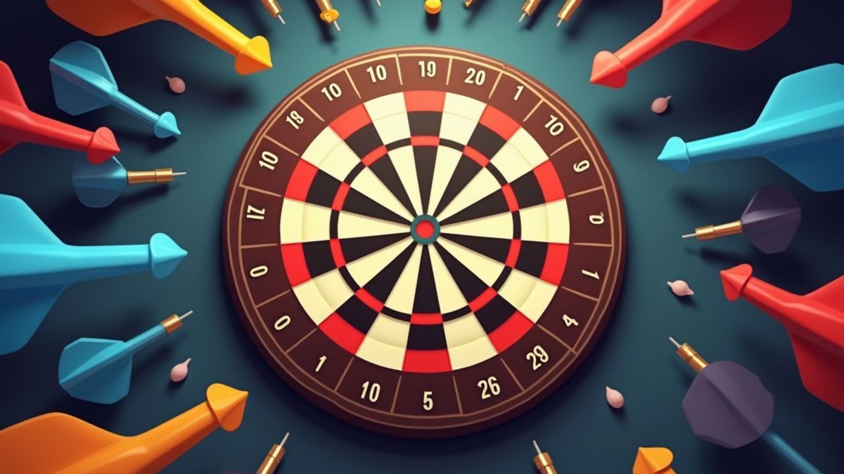 Dartboard surrounded by colorful darts