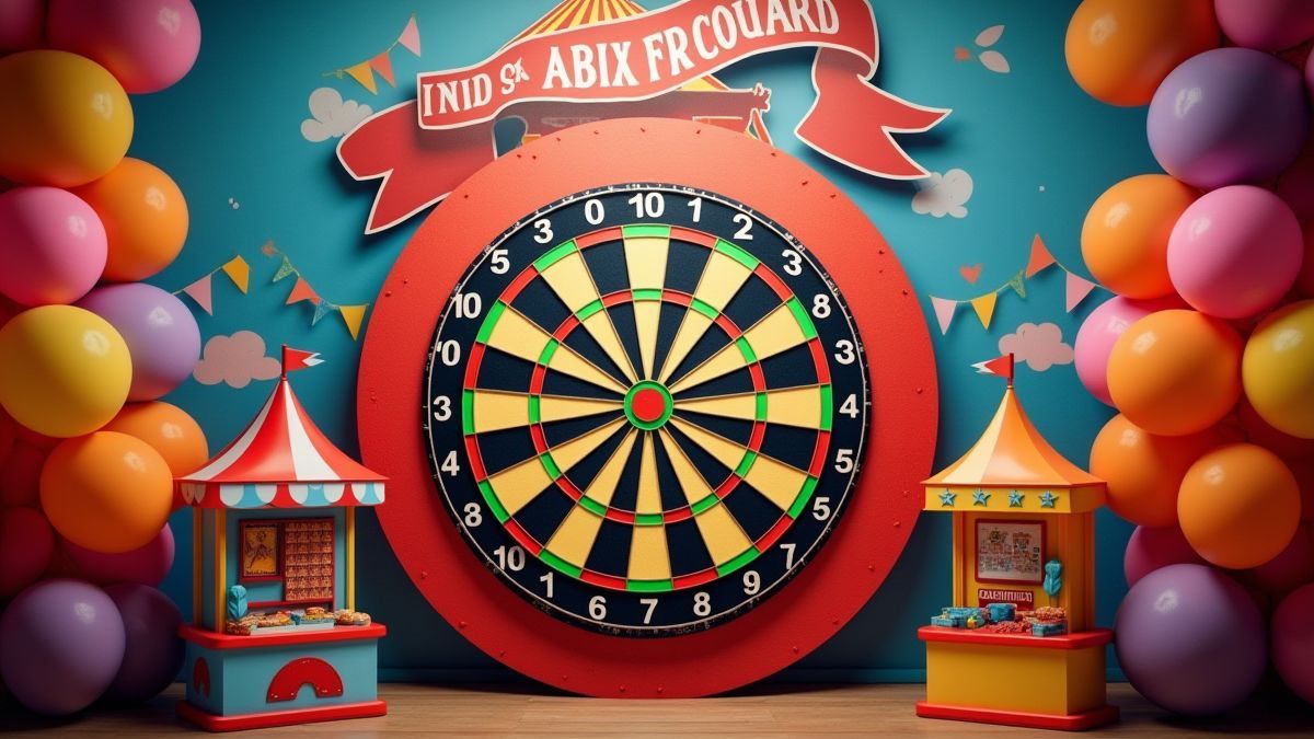 Ein Karnevalsdartsbrett umgeben von bunten Ballons und Preisständen.