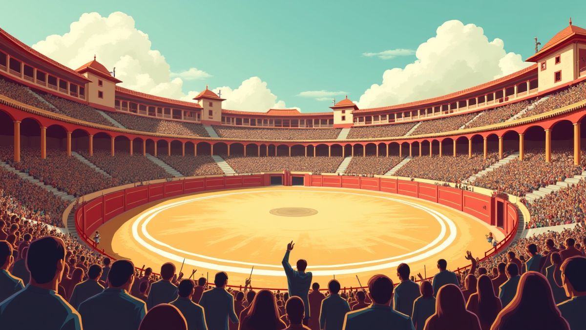 Uma arena espanhola cheia de espectadores emocionados.