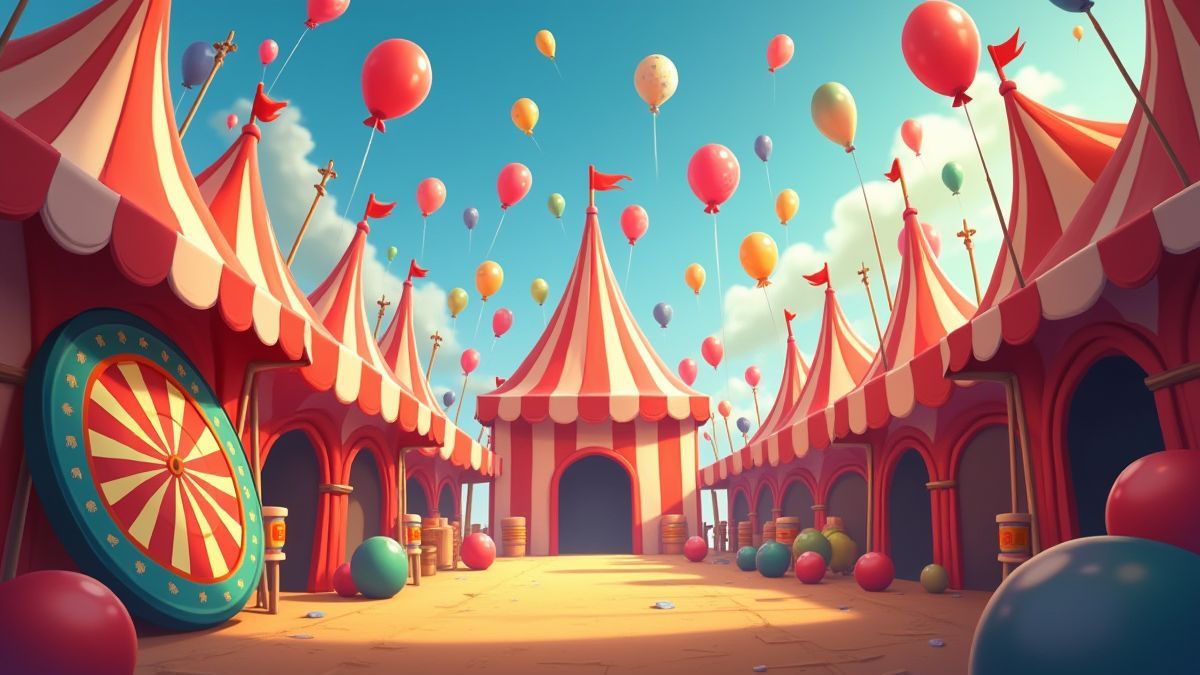 Animated fair scene with balloons and prizes.