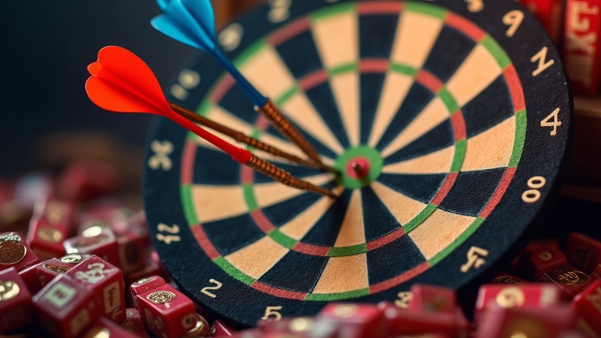 Colorful dartboard with darts in the center and prizes around.