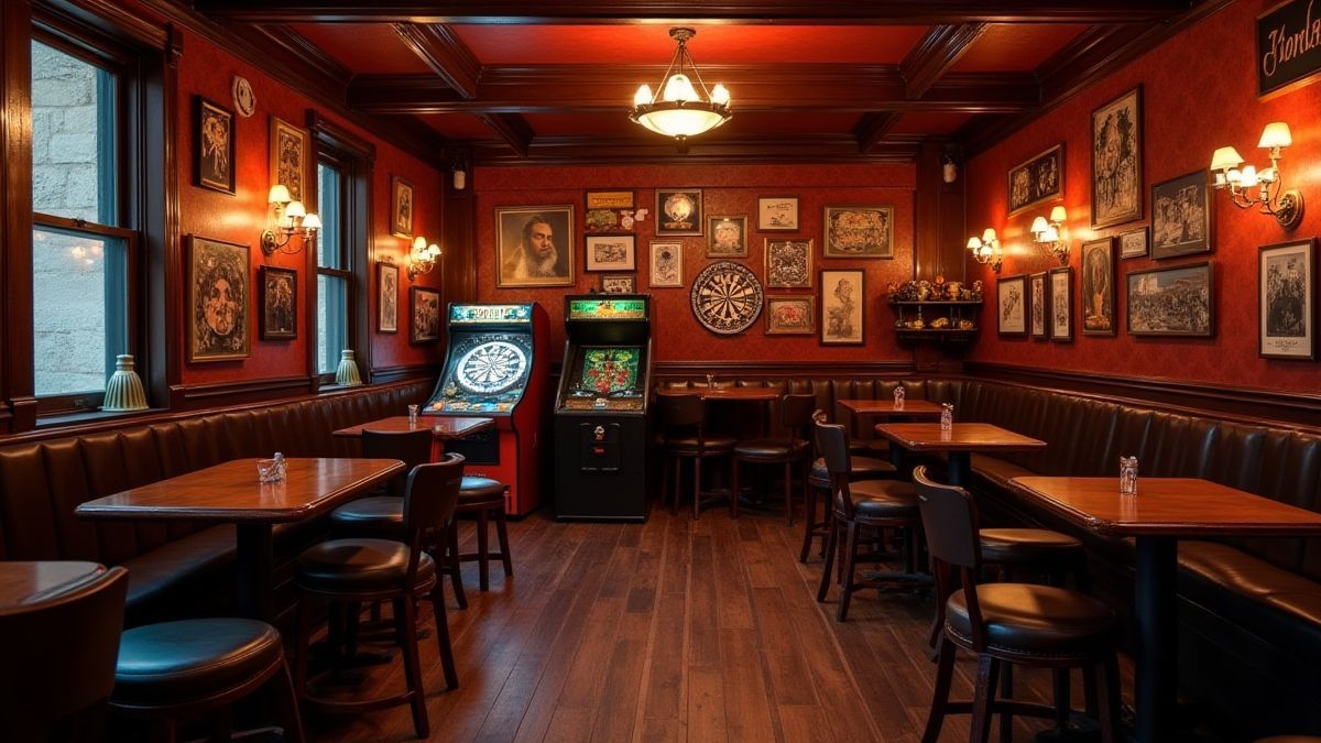 Interior de pub retrô com tabuleiro de dardos e decoração clássica.