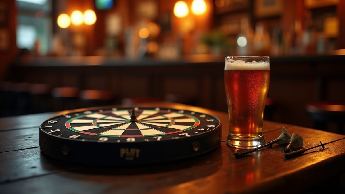 Dardos em uma mesa ao lado de uma cerveja em um pub aconchegante.