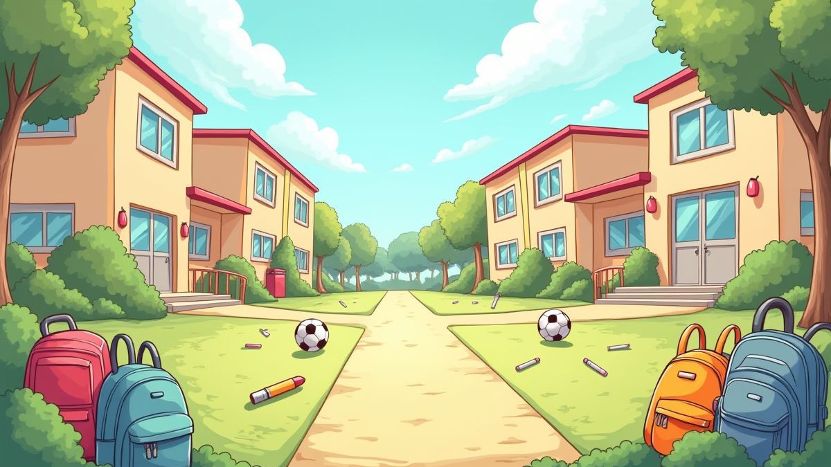 Escena de un patio escolar con mochilas y pelotas de fútbol estilo dibujo animado.