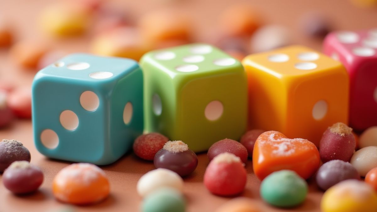 Dados rodeados de doces vibrantes.