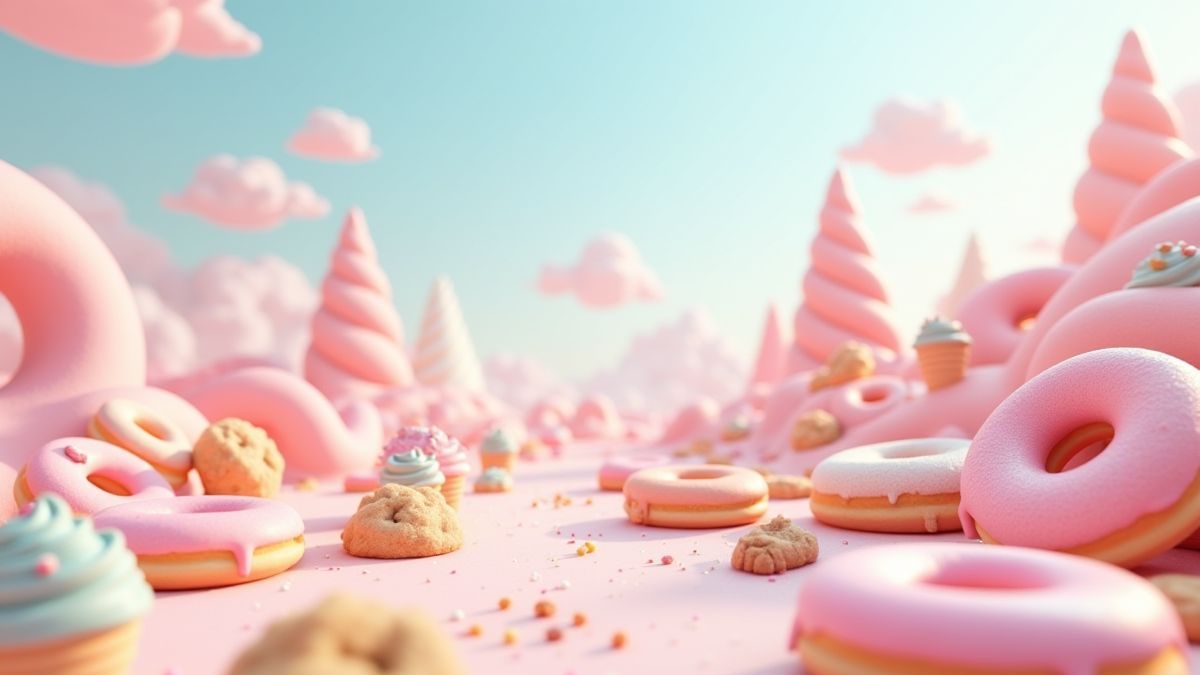 Paisagem cheia de doces em tons pastel.