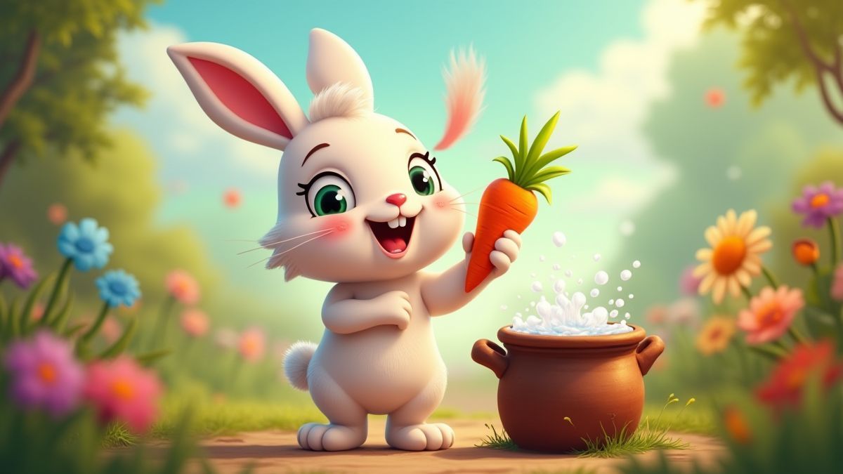A bunny with a carrot and a mischievous smile in a lively garden.