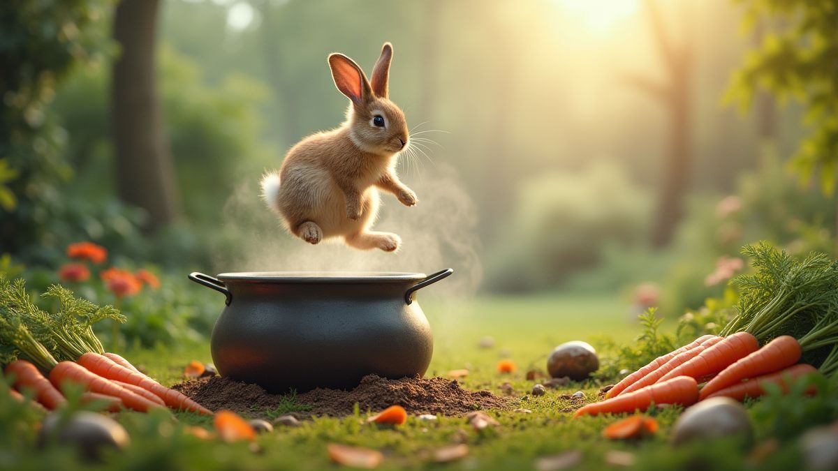 A bunny jumping over a cauldron in a garden filled with carrots and treasures.