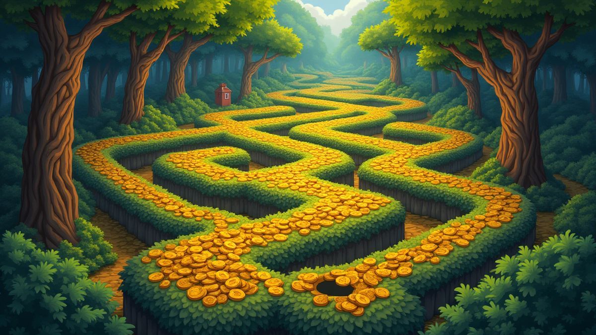 Ein Labyrinth voller goldener Münzen und spielerischer Fallen, umgeben von einem lebhaften Wald.