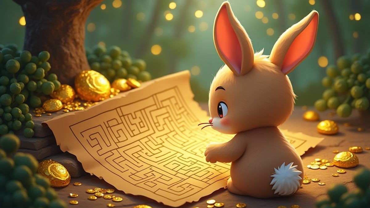 Ein animierter Hase schaut auf eine Labyrinthkarte, umgeben von goldenen Schätzen.