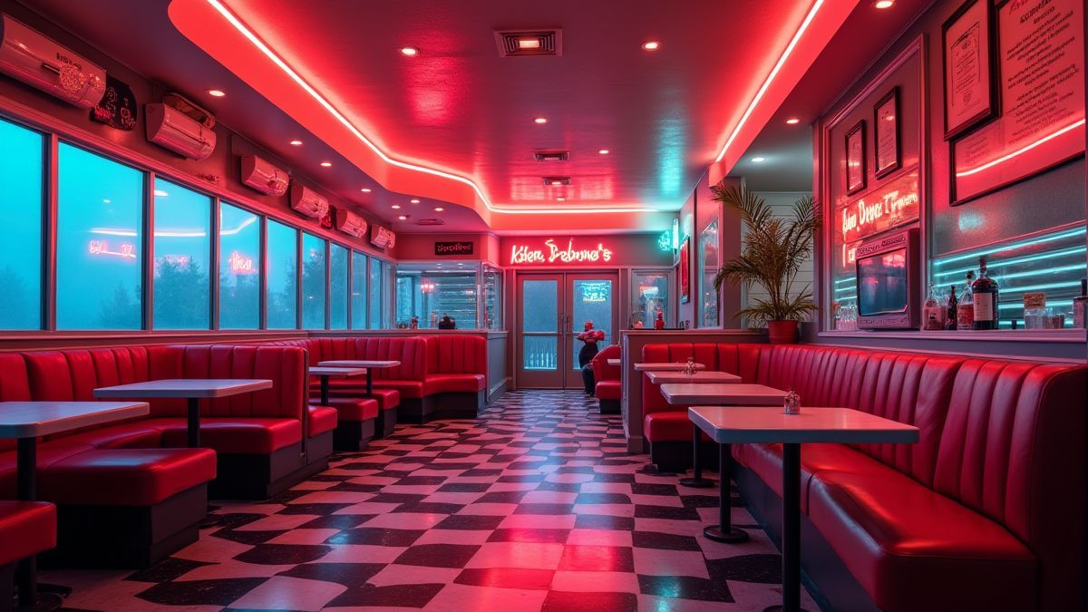 Diner retro con luces de neón y muebles clásicos.