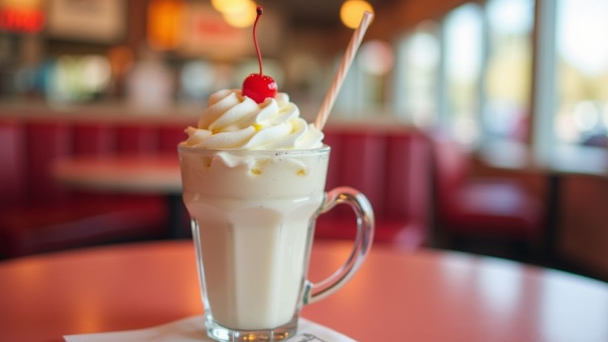 Batido con nata y una cereza sobre una mesa de diner.