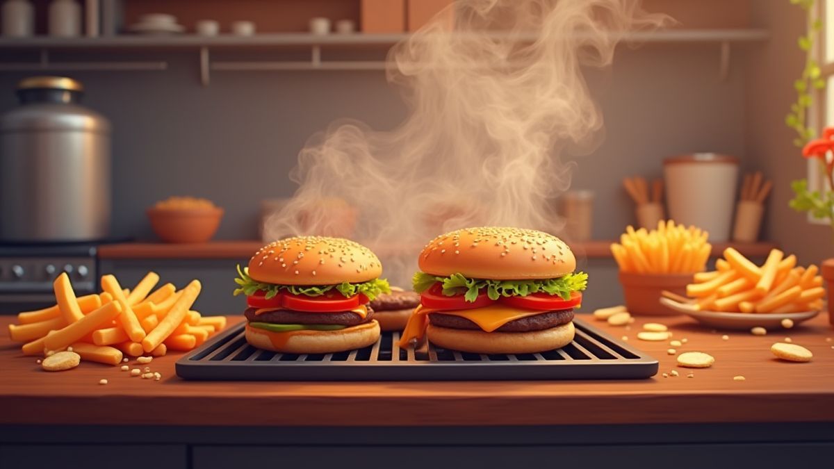 Animierte Küche mit Hamburgern und Pommes frites.