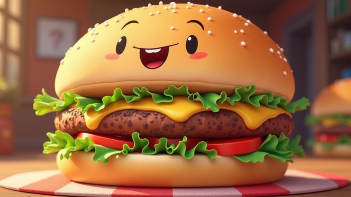 Glücklicher animierter Charakter mit einem riesigen Hamburger.