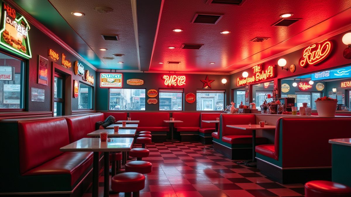 Interior de un diner retro con luces de neón y decoración temática de hamburguesas.