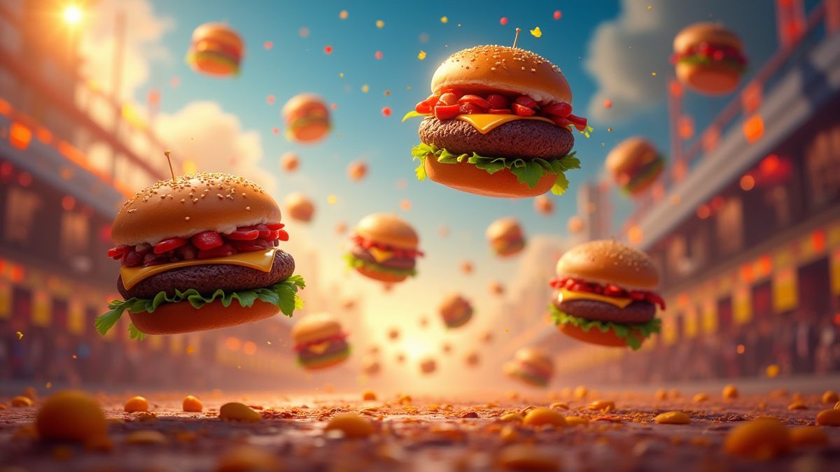 Escena de juego de bonificación con hamburguesas volando en un ambiente colorido.