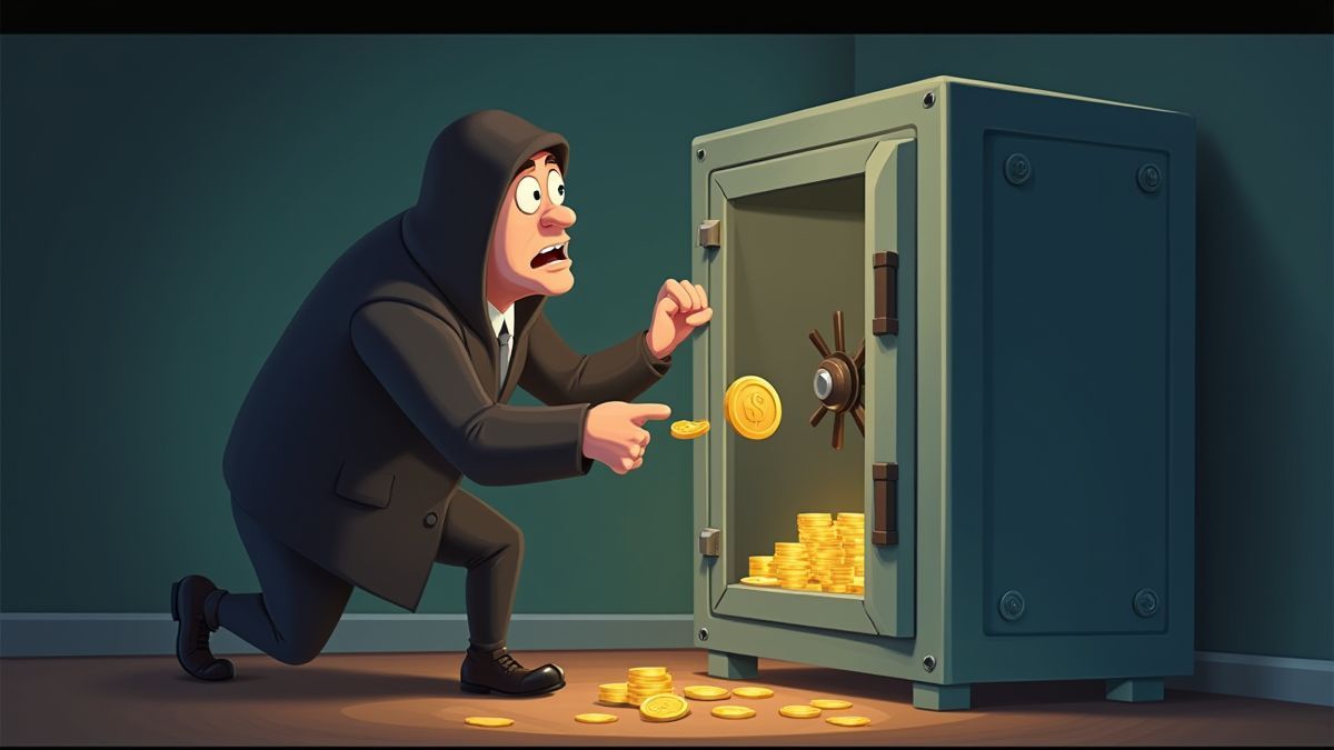 Ein Dieb, der einen Safe öffnet, aus dem Münzen herausfliegen