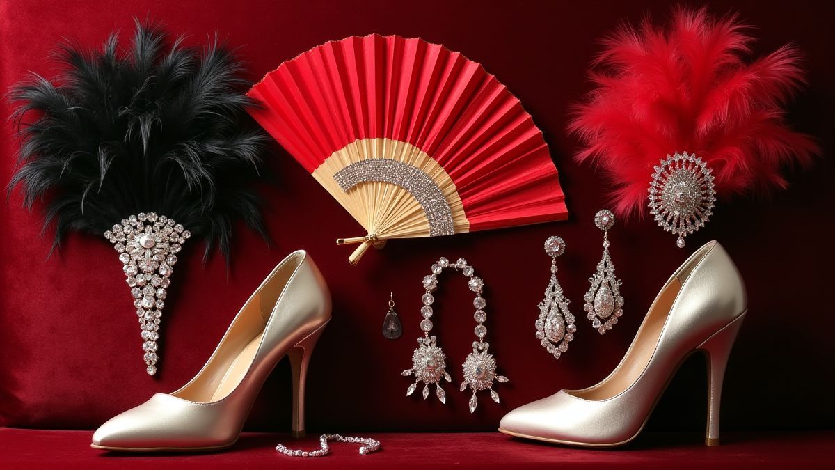 Accesorios vintage de burlesque como abanicos y joyas brillantes.