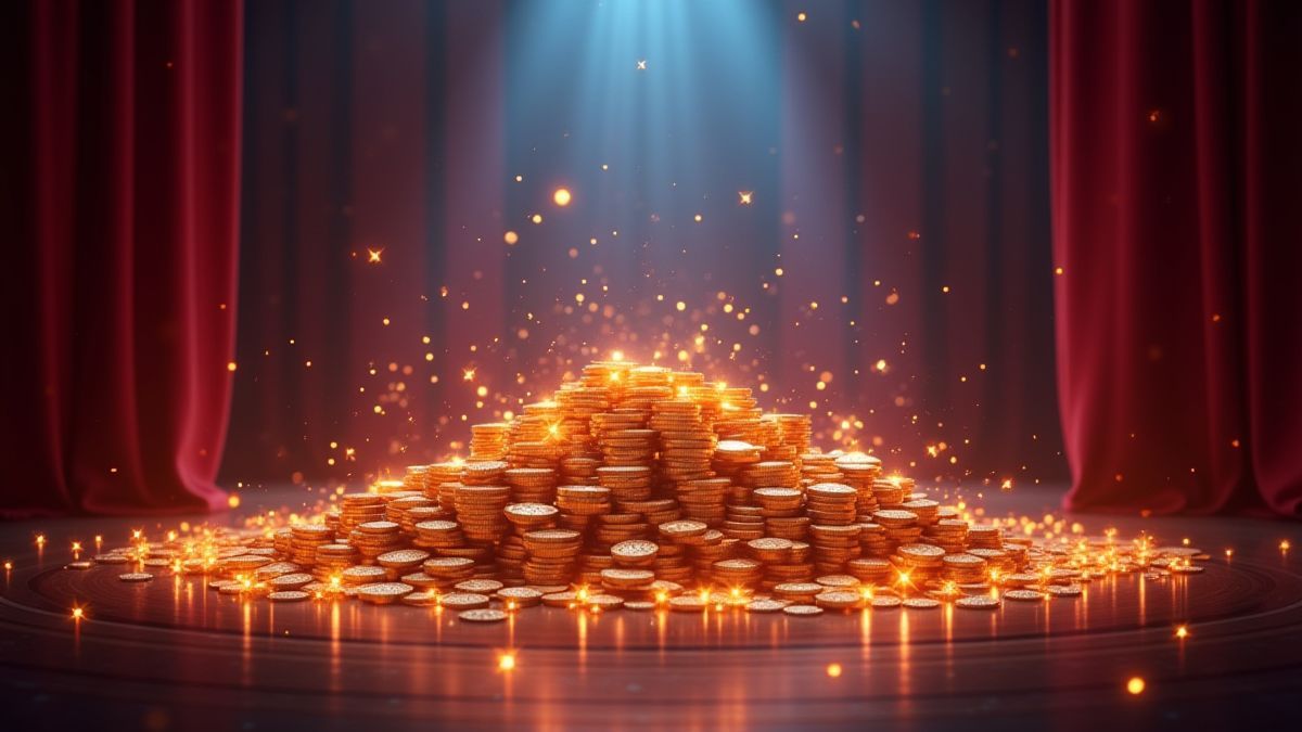 Monedas brillantes y multiplicadores resplandecientes en un escenario de cabaret.