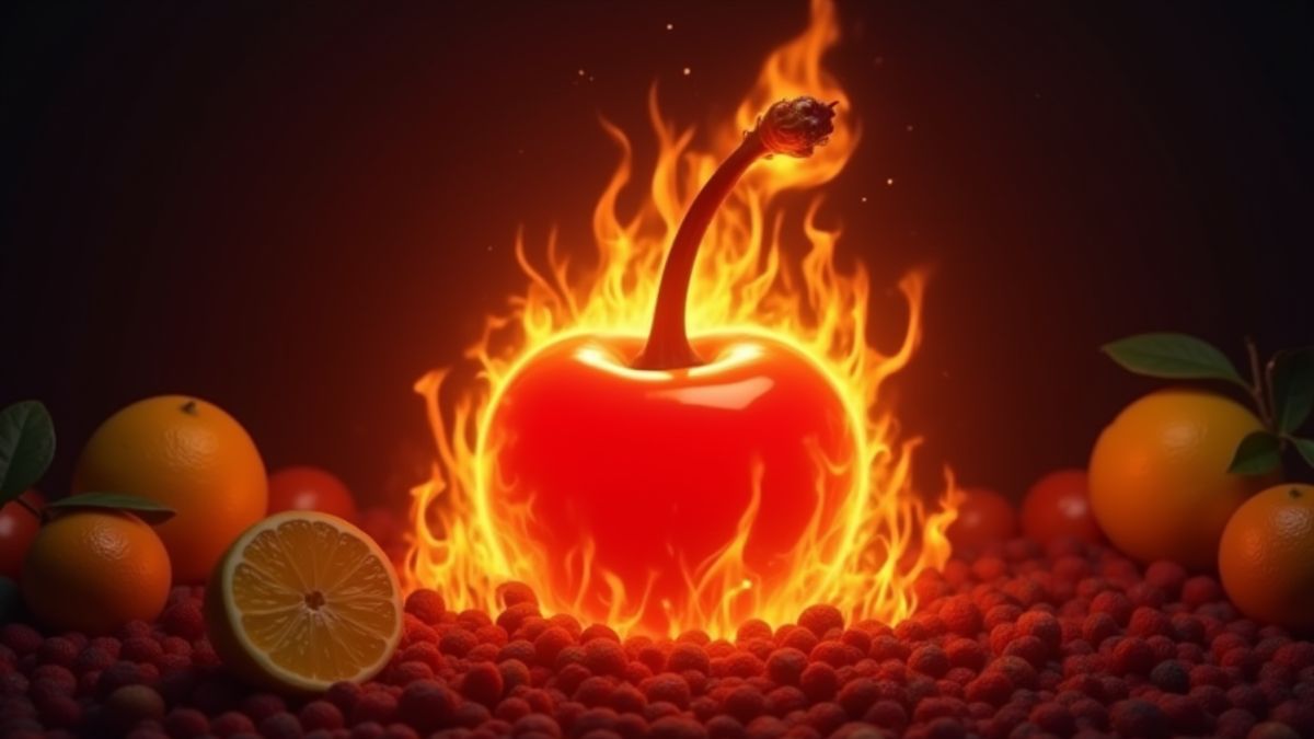 Glowing cherry surrounded by flames and fruits.