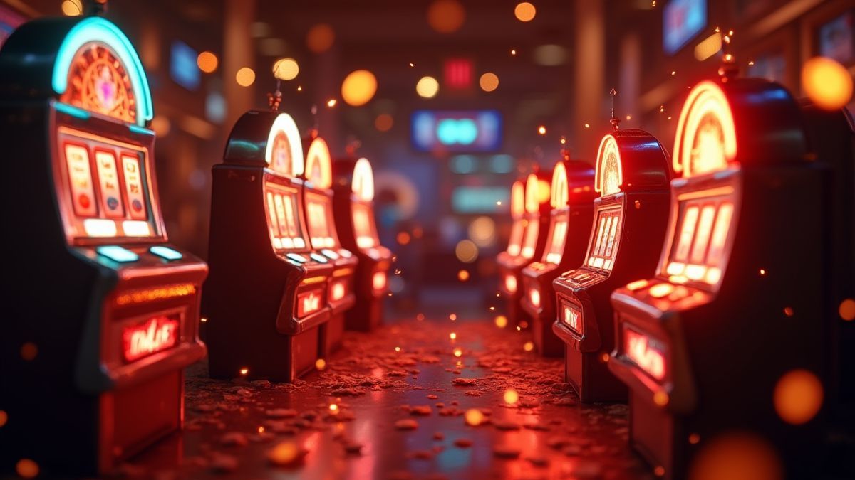 Retro slot machines surrounded by burning fruits.