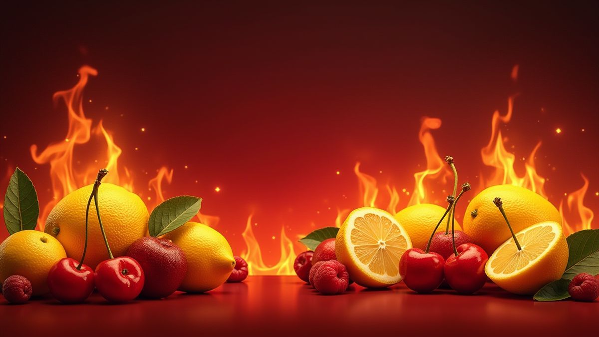 Klassische Früchte wie Kirschen und Zitronen auf einem Retro-Hintergrund mit Flammen.