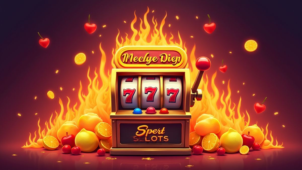 Vibrante Spielautomaten umgeben von Flammen mit sichtbaren Kirschen und Zitronen.