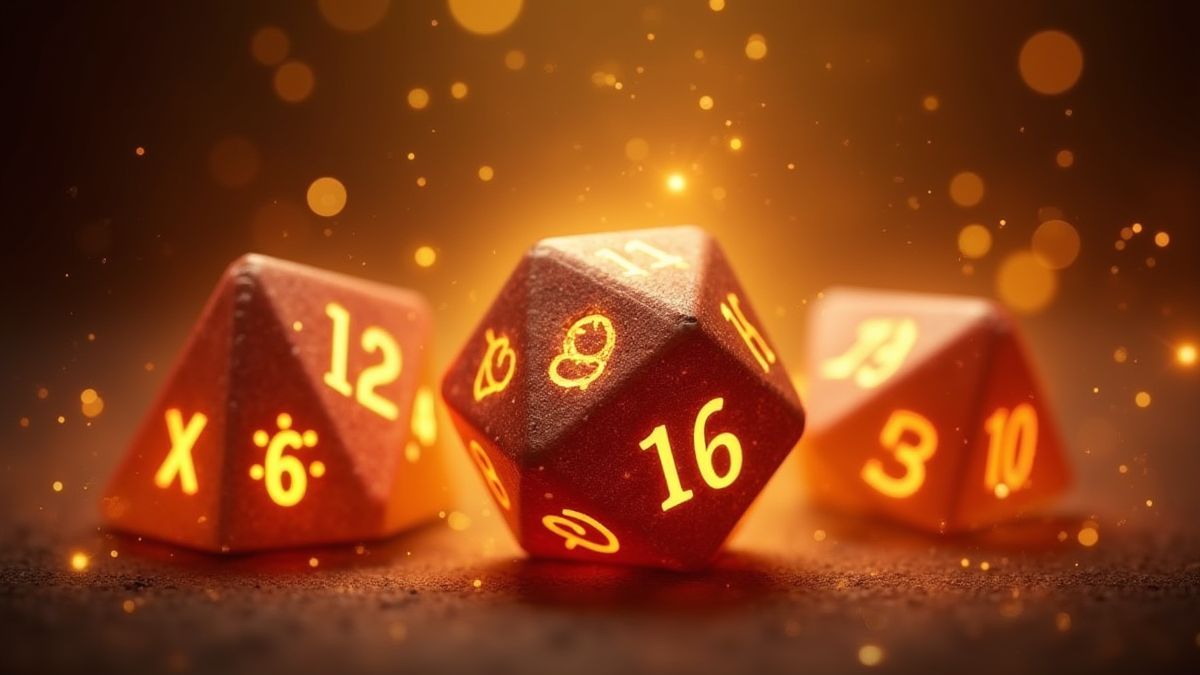 Dados brillantes con números y símbolos en un aura dorada.