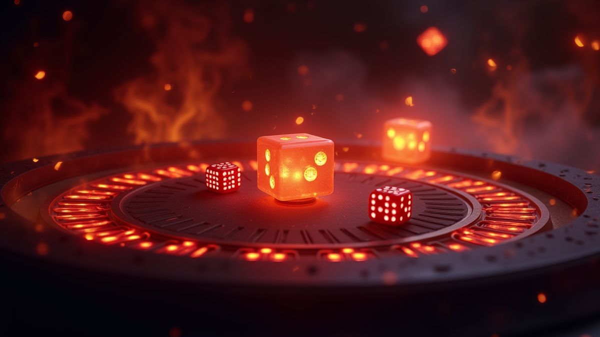 Mesa de casino iluminada con dados rodeados de llamas.