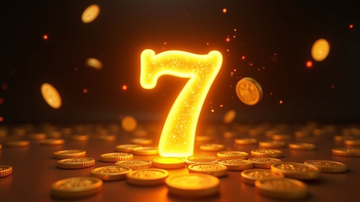 Um símbolo do número 7 cercado de moedas douradas e efeitos de fogo.