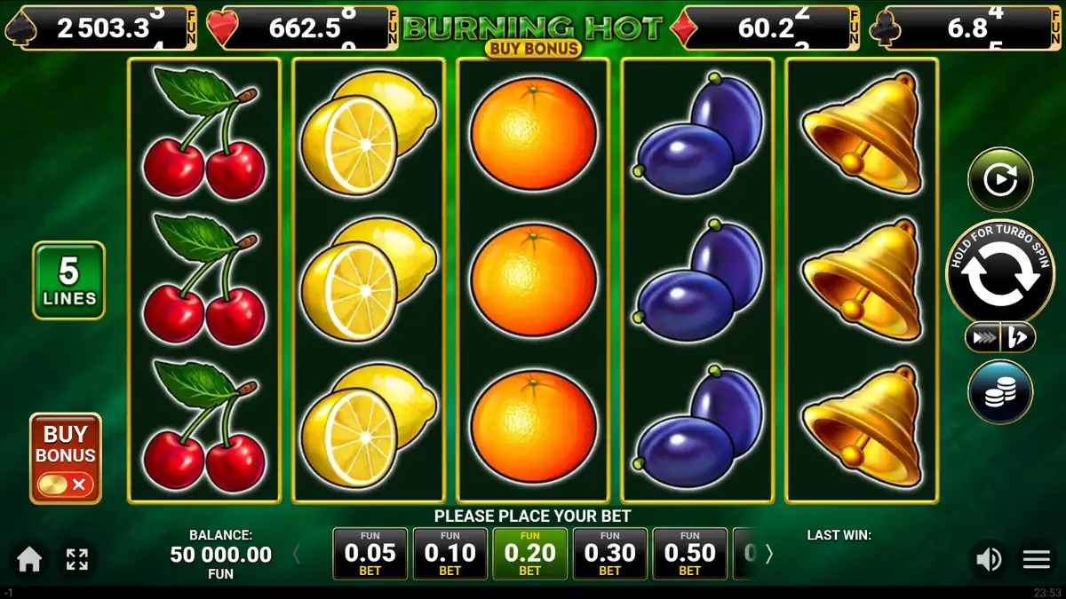 Pantalla del juego base de Burning Hot Buy Bonus